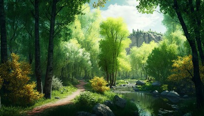 Temperate green forest background. Wildlife nature environment. Generative AI technology.