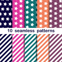 10 seamless patterns with stars and stripes in different colors.