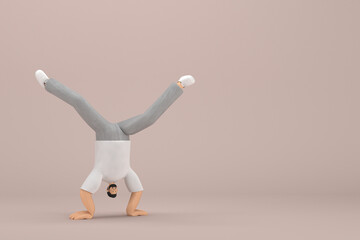 The man with beard wearinggray corduroy pants and white collar t-shirt.  He is doing exercise.  3d rendering of cartoon character in acting.