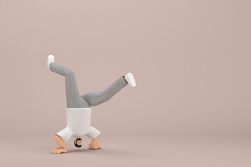 The man with beard wearinggray corduroy pants and white collar t-shirt.  He is doing exercise.  3d rendering of cartoon character in acting.