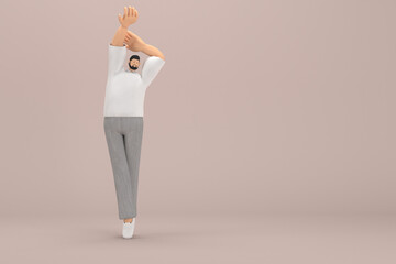 The man with beard wearinggray corduroy pants and white collar t-shirt.  He is doing exercise.  3d rendering of cartoon character in acting.