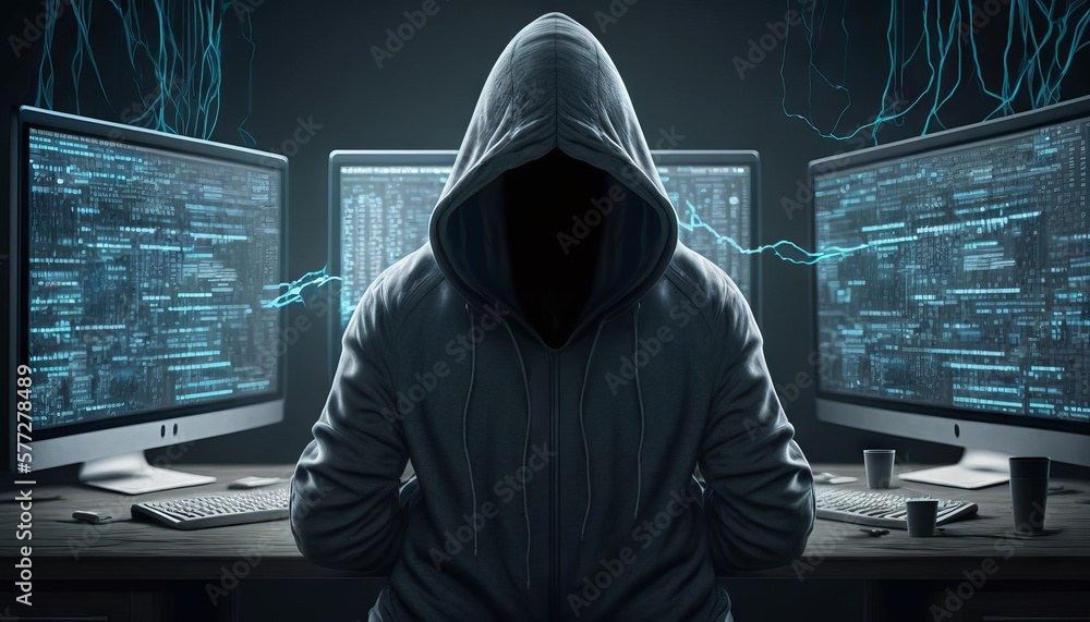 Poster hooded hacker in front of computer screens. generative ai