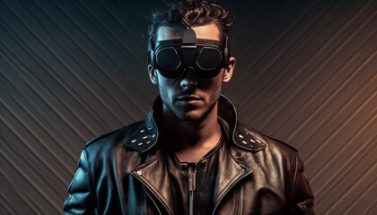 Obraz premium Portrait of a handsome young man in leather jacket and aviator goggles. Generative AI