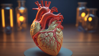 A printed model of a human heart, highlighting various chambers and blood vessels, Generative AI