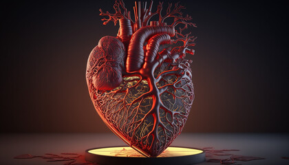 A printed model of a human heart, highlighting various chambers and blood vessels, Generative AI