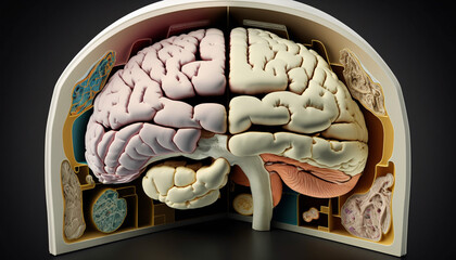 A cross-section view of a human brain, highlighting various regions and structures, Generative AI