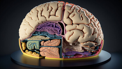 A cross-section view of a human brain, highlighting various regions and structures, Generative AI