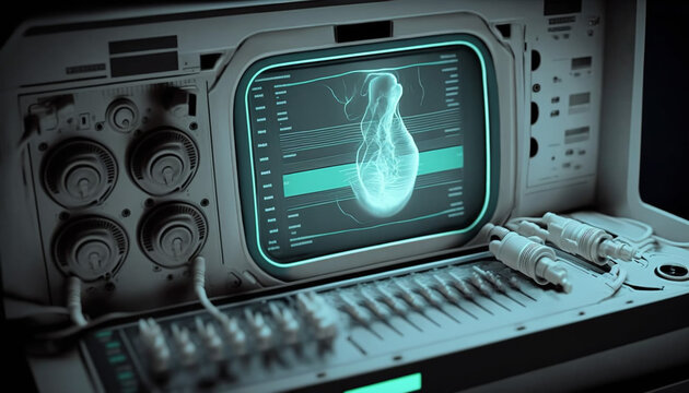 A close-up of a medical ultrasound machine, with a clear image of an unborn baby visible, Generative AI