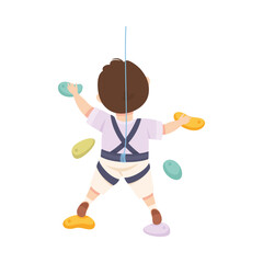 Little Boy Climbing Wall Crawling Up Equipped with Rope Gripping to Ledges Back View Vector Illustration