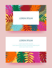 Bright business card with the image of colorful tropical plants on a pink background with soft shadow and example text