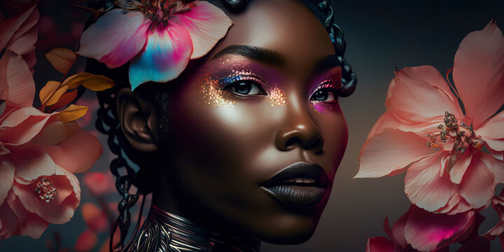 Out Of This World: Editorial Photography Captures Black Woman With Holographic Iridescent Peach Blossom Inspiration