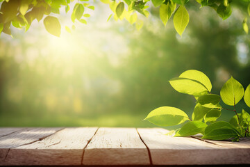 Natural template with Beauty bokeh and sunlight. Beautiful empty wooden table in nature outdoor.  
