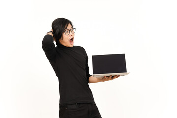 Fototapeta premium Showing Apps or Ads On Laptop Blank Screen Of Handsome Asian Man Isolated On White Background