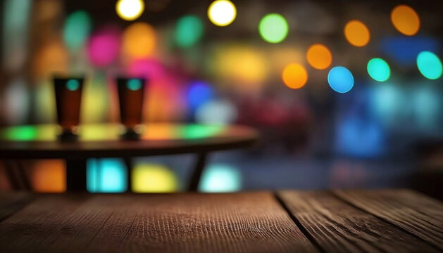 Closeup wooden table, blurred bokeh background. Neon light, dark night view interior background.