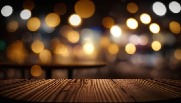 Closeup wooden table with dark night view interior background, blurred bokeh background. Neon light.