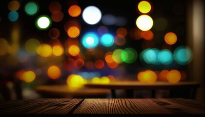Closeup wooden table with dark night view interior background, blurred bokeh background. Neon light.