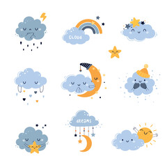 Cute Soft Blue Cloud with Smiling Face as Weather Character Vector Set