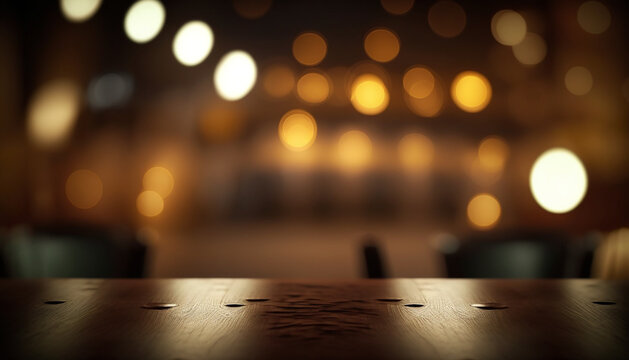 Closeup wooden table with dark night view interior background, blurred bokeh Neon light background. 