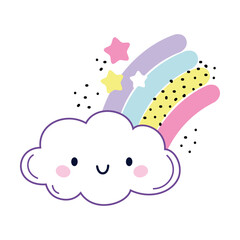 Cute Fluffy Cloud with Smiling Face and Colorful Rainbow with Stars Vector Illustration