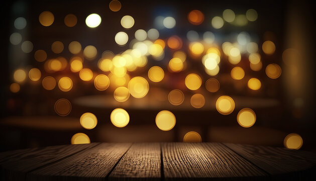  Dark night view interior background. Closeup wooden table with blurred bokeh Neon light background.