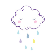 Cute Fluffy Cloud with Falling Down Rain Drops Vector Illustration