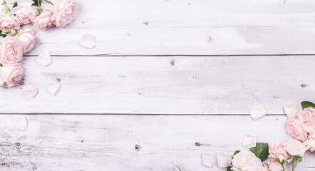Fototapeta premium Spring flowers. Pink flowers roses on a white wooden background. Flat lay, top view, space for placement. Birthday, Mother's, Valentines, Women's, Wedding Day concept.