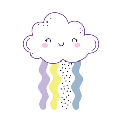 Cute Fluffy Cloud with Smiling Face and Pouring Rain Vector Illustration