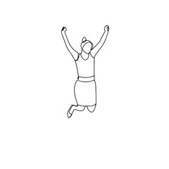 Single line drawing of jumping woman. Linear hand drawn doodle on white background