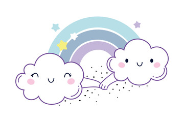 Cute Fluffy Clouds with Smiling Face Holding Hands with Rainbow Behind Vector Illustration