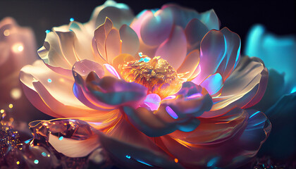 Close up 3d colorful peony crystal flower, beautiful glitter iridescent light . wallpaper background.