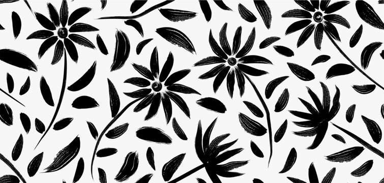 flowers hand drawn seamless pattern. ink brush texture.
