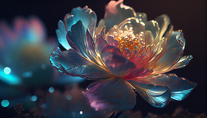 Beautiful glitter iridescent light. Close up 3d colorful peony crystal flower, wallpaper background.