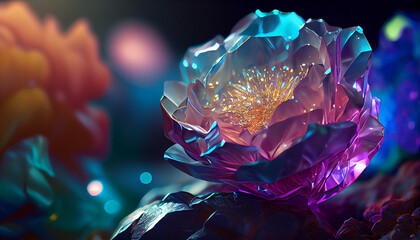 Beautiful glitter iridescent light. Close up 3d colorful peony crystal flower, wallpaper background.