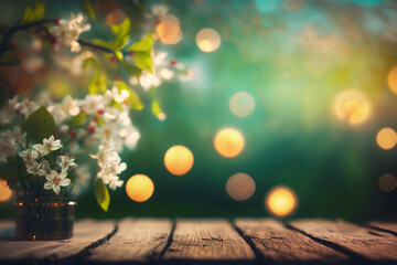 Naklejka na ściany i meble Magic background of spring blossoms on wooden table in green garden with bokeh lights. Generative ai.