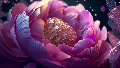 Close up 3d pink peony crystal flower, beautiful glitter iridescent light . wallpaper background.