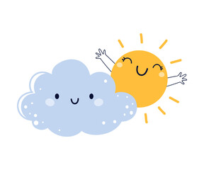 Fototapeta Cute Fluffy Blue Cloud and Shining Sun with Smiling Face in the Sky Vector Illustration obraz