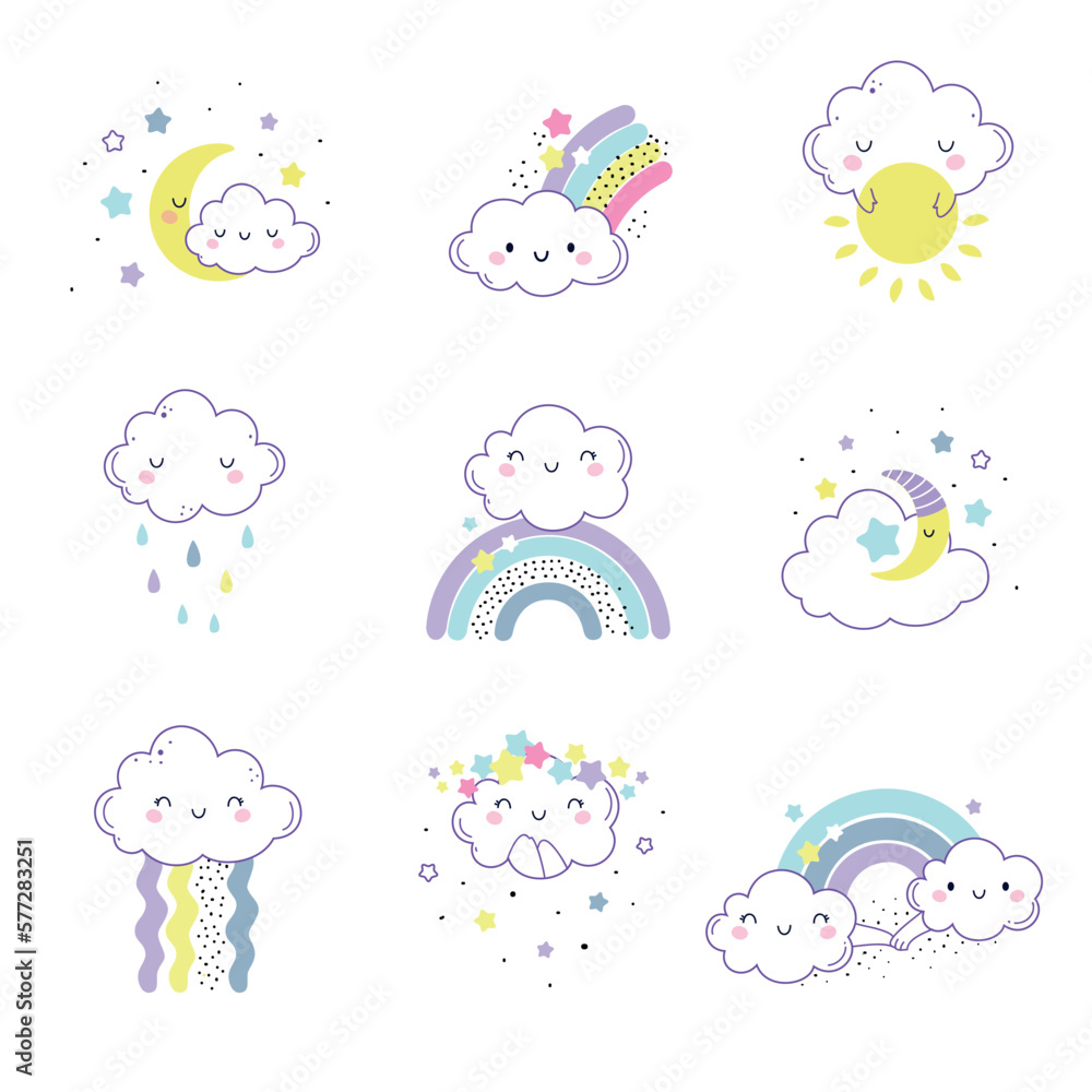 Aufkleber cute soft cloud with smiling face and rainbow as weather character vector set