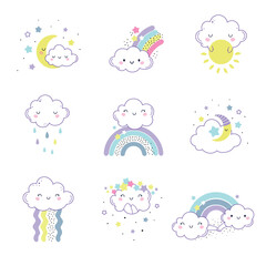 Cute Soft Cloud with Smiling Face and Rainbow as Weather Character Vector Set