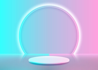 3D realistic blue and pink podium stand with circle neon light backdrop minimal wall scene background