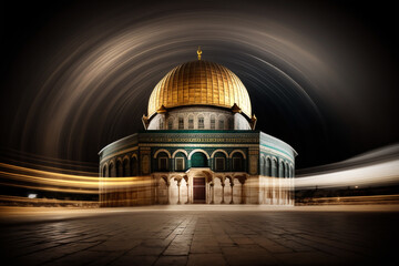 The Dome of the Rock in Jerusalem. Night view, long exposure. Generative ai.