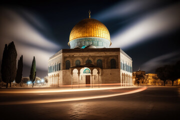 Fototapeta premium The Dome of the Rock in Jerusalem. Night view, long exposure. Generative ai.