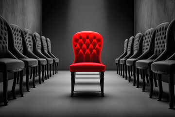 Red chair stands out among rows of black chairs.Generative ai. - obrazy, fototapety, plakaty