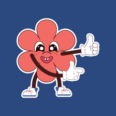 A flower-shaped character shows a class, points to an object, a retro-style sticker, 1990, Y2K
