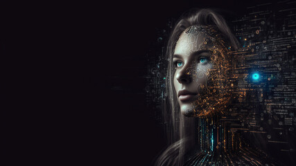 Futuristic robotic female human with AI. Concept of brainpower or master brain.