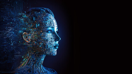 Futuristic robotic female human with AI. Concept of brainpower or master brain.