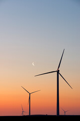 Obraz premium Silhouettes of a group of wind turbines at sunrise.