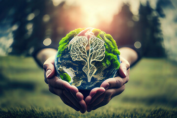 World mental health day concept: Human hands holding brain of earth over blurred nature background. Generative Ai