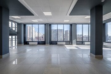 empty modern hall room with columns, doors and panoramic windows