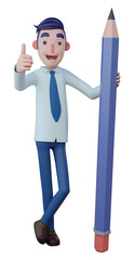 Businessman give thumb up sign and holding big pencil
