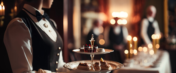Luxury food service, appetisers and desserts served by a waiter at a wedding celebration or formal event in classic English style at luxurious hotel or estate. Generative AI.